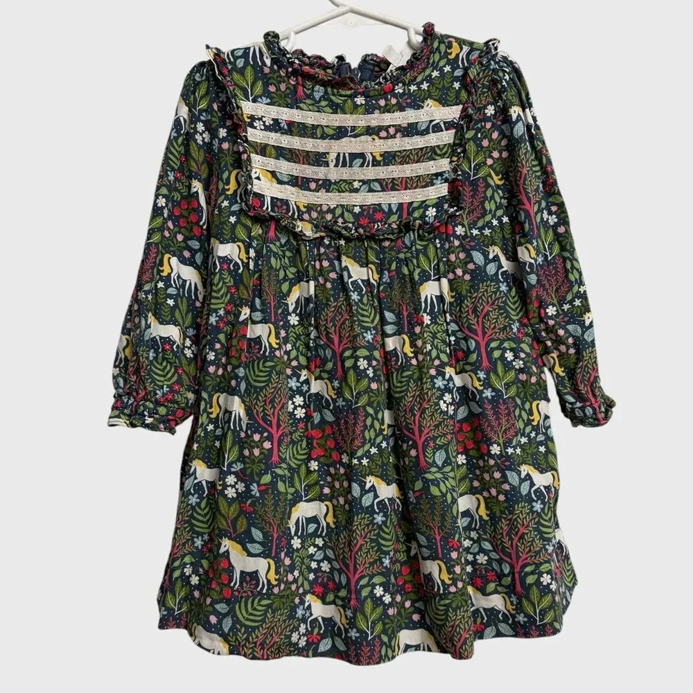 Mini Boden Nostalgic Ruffle Unicorn Forest Dress Size 3-4Y Navy Magical Cute